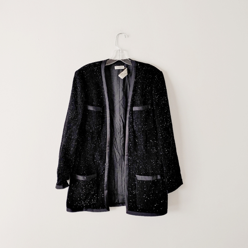 SOLD - Malcolm Starr Black Metallic Open Front Jacket M